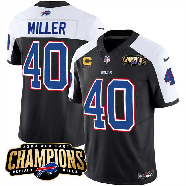 Men & Women & Youth Buffalo Bills #40 Von Miller Black White 2023 F.U.S.E. AFC East Champions With 4-star C Ptach Stitched Jersey